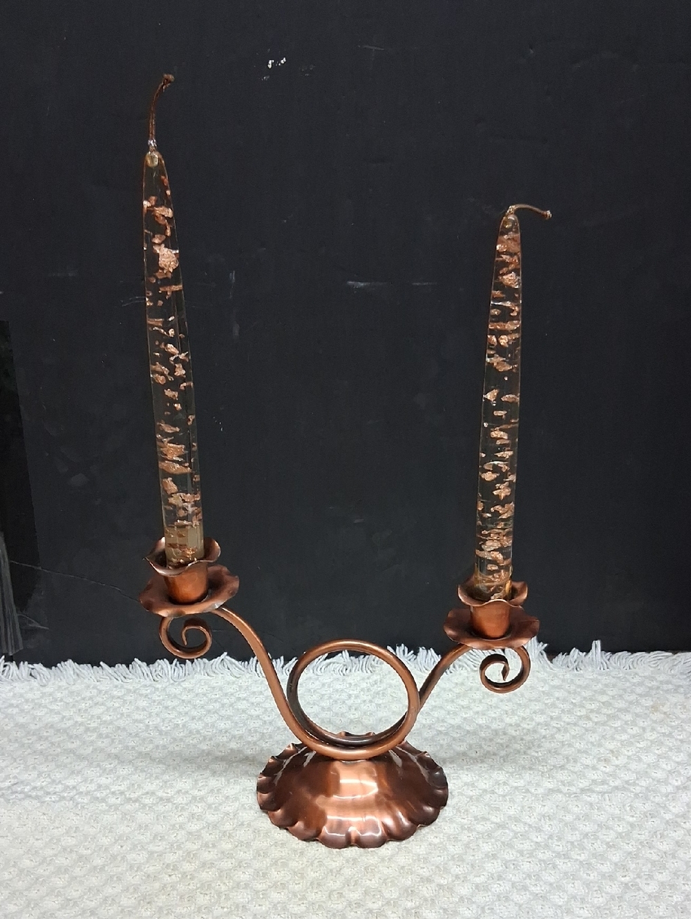 Vtg. Gregorian solid copper candle holder featuring two decorative lucite candle